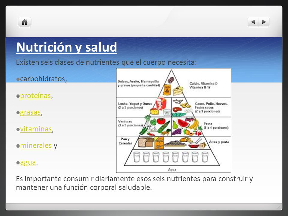 Nutrición y salud Existen seis clases de nutrientes que el cuerpo necesita: carbohidratos, proteínas,