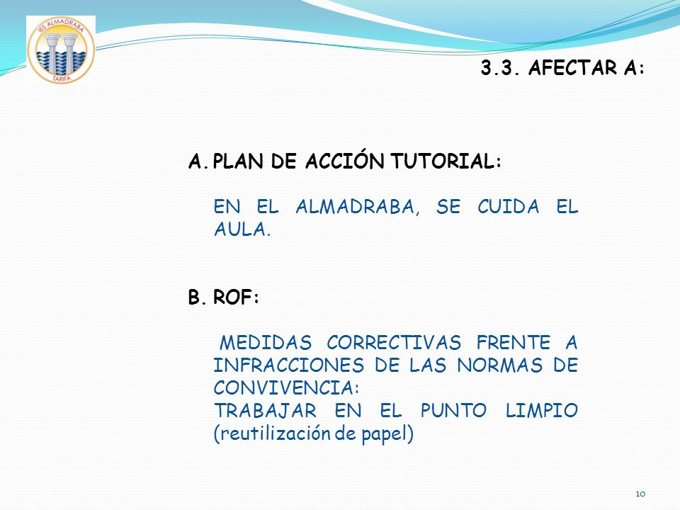 3.3. AFECTAR A: PLAN DE ACCIÓN TUTORIAL: EN EL ALMADRABA, SE CUIDA EL AULA. ROF:
