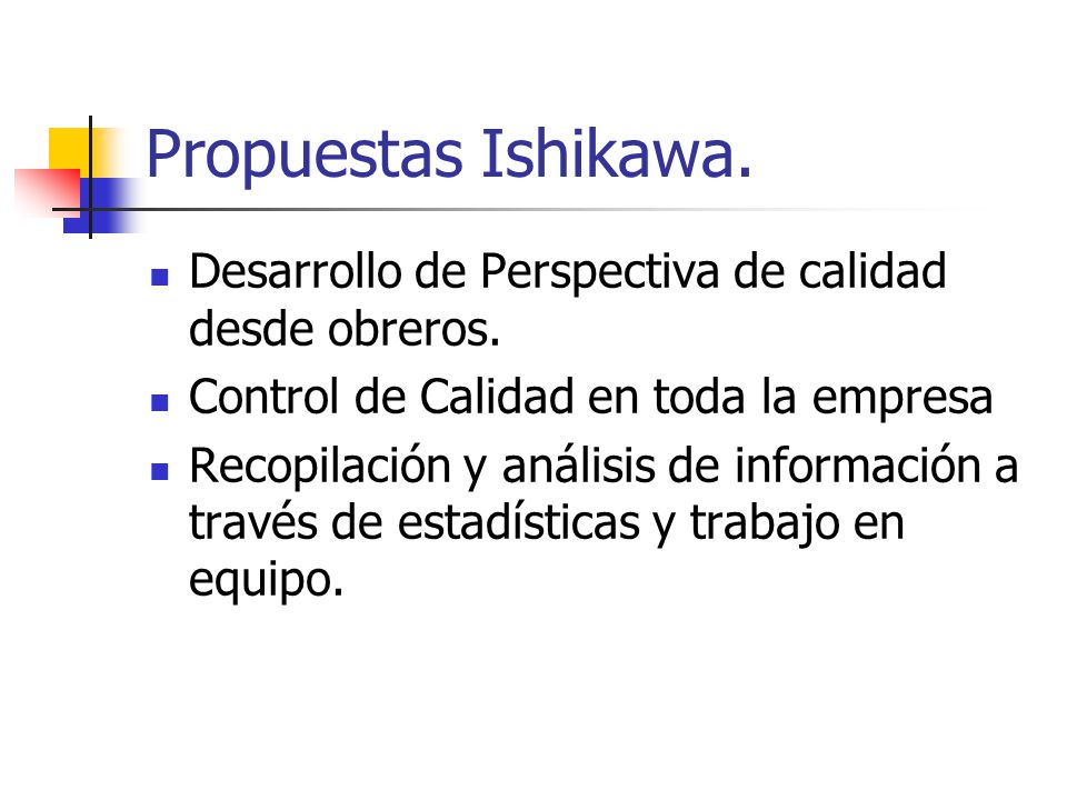 Propuestas Ishikawa. Desarrollo de Perspectiva de calidad desde obreros. Control de Calidad en toda la empresa.