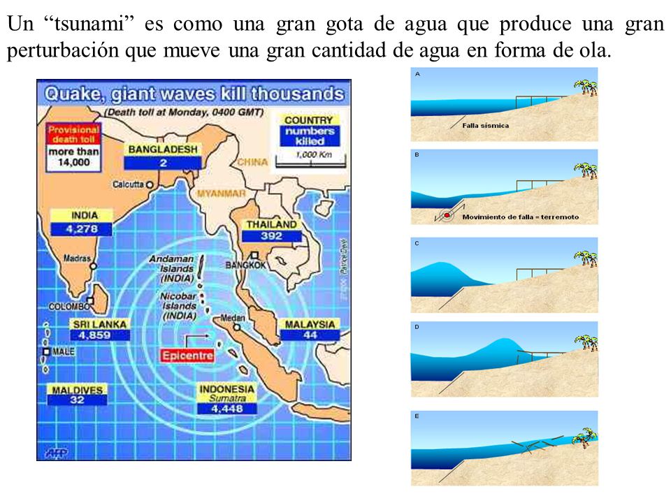 Un tsunami es como una gran gota de agua que produce una gran perturbación que mueve una gran cantidad de agua en forma de ola.