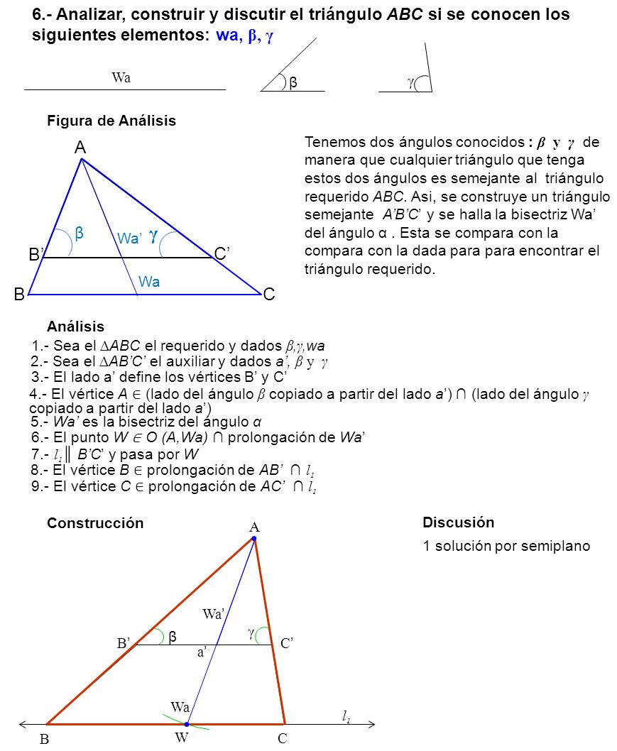 6.- Analizar, construir y discutir el triángulo ABC si se conocen los siguientes elementos: wa, β, γ