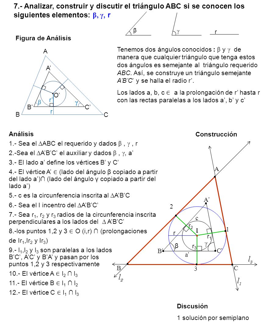 7.- Analizar, construir y discutir el triángulo ABC si se conocen los siguientes elementos: β, γ, r