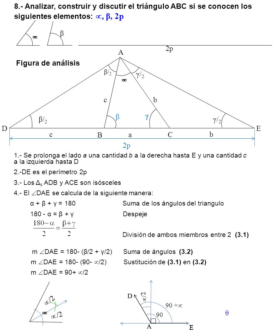 8.- Analizar, construir y discutir el triángulo ABC si se conocen los siguientes elementos: , β, 2p