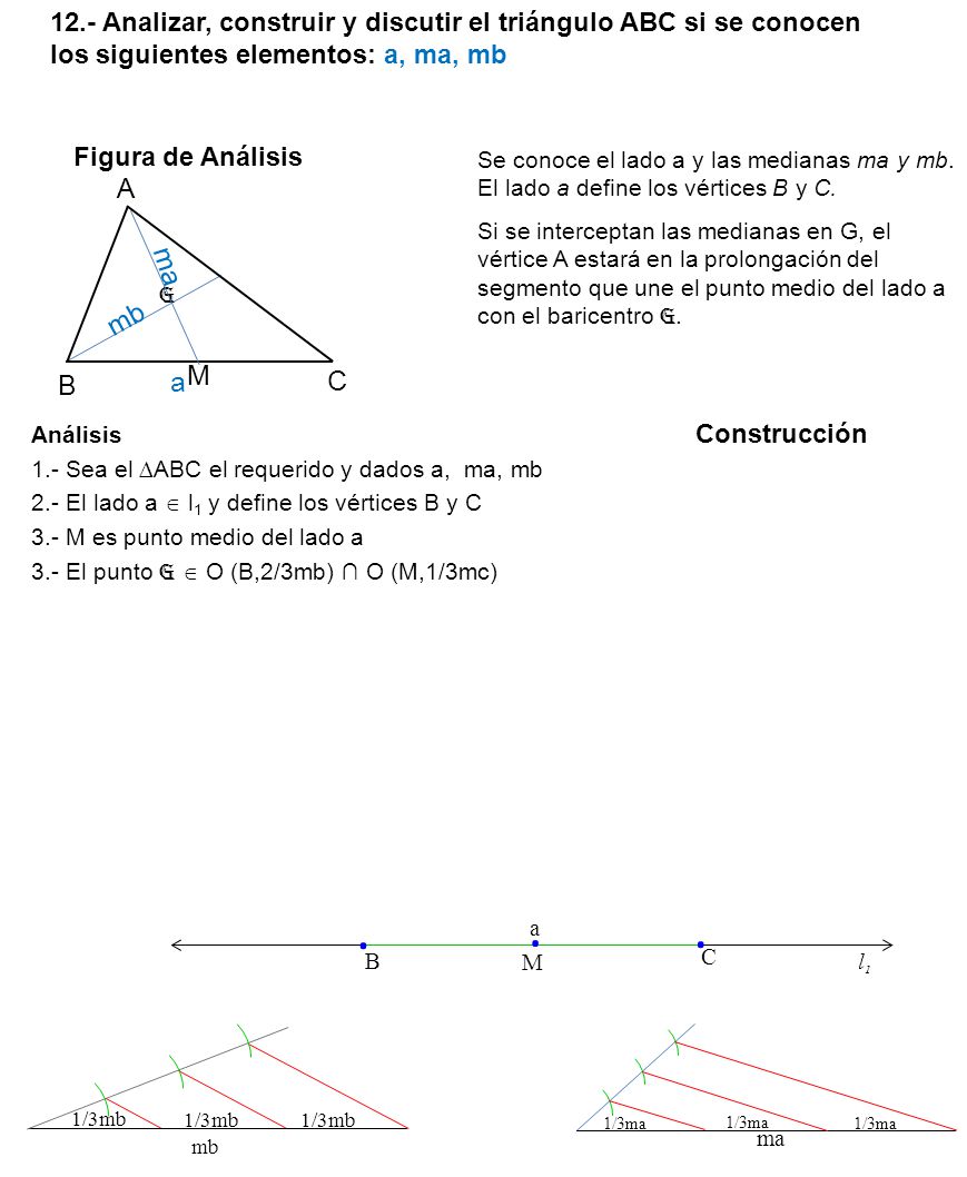 12.- Analizar, construir y discutir el triángulo ABC si se conocen los siguientes elementos: a, ma, mb