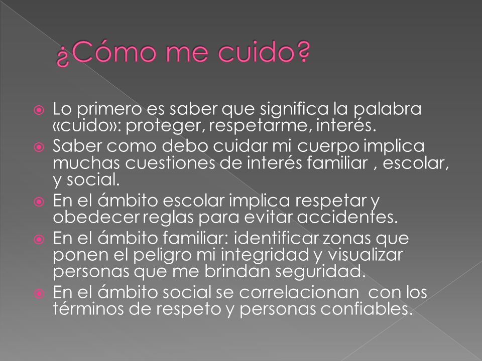 ¿Cómo me cuido Lo primero es saber que significa la palabra «cuido»: proteger, respetarme, interés.