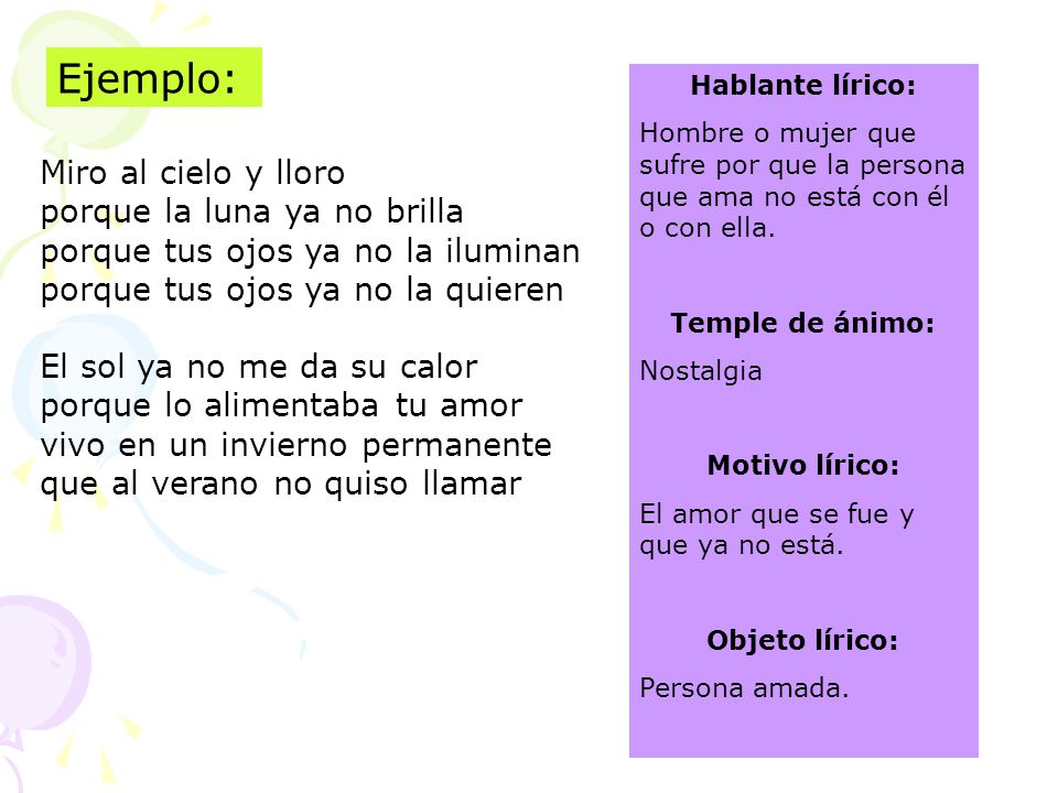 Ejemplo: Hablante lírico: Hombre o mujer que sufre por que la persona que ama no está con él o con ella.