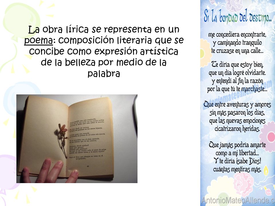 La obra lírica se representa en un poema: composición literaria que se concibe como expresión artística de la belleza por medio de la palabra