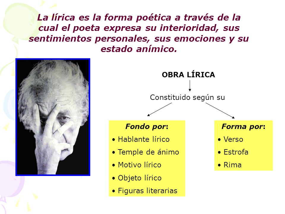 La lírica es la forma poética a través de la cual el poeta expresa su interioridad, sus sentimientos personales, sus emociones y su estado anímico.