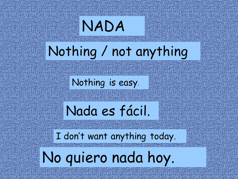 NADA No quiero nada hoy. Nothing / not anything Nada es fácil.