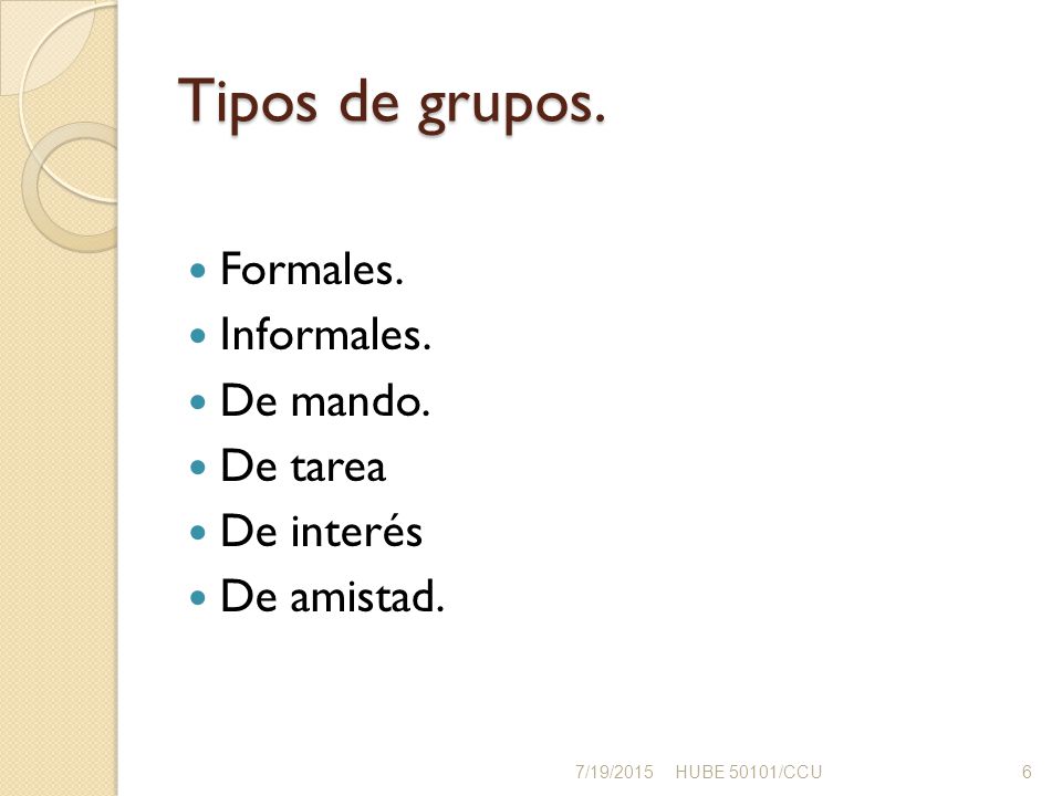 Tipos de grupos. Formales. Informales. De mando. De tarea De interés