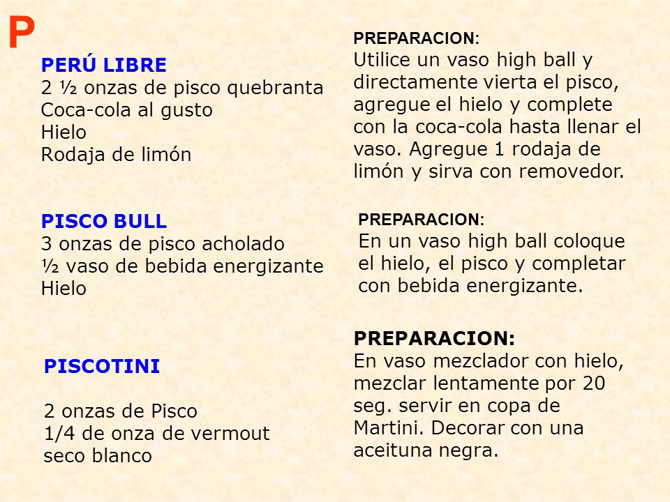 P PERÚ LIBRE 2 ½ onzas de pisco quebranta Coca-cola al gusto Hielo