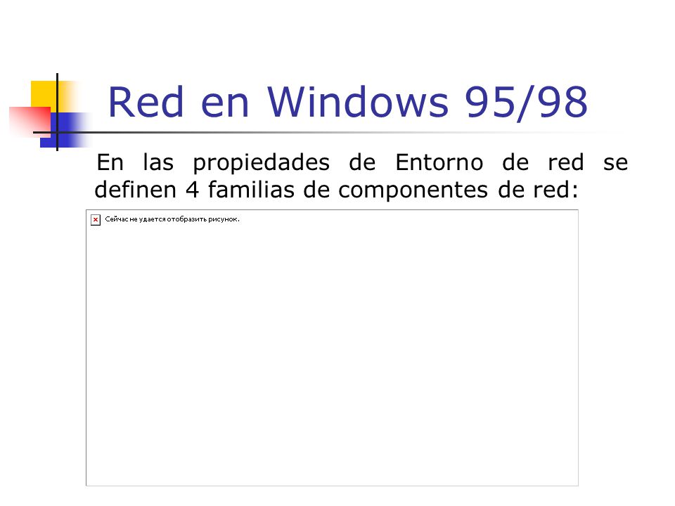 Red en Windows 95/98 En las propiedades de Entorno de red se definen 4 familias de componentes de red: