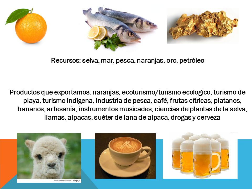 Recursos: selva, mar, pesca, naranjas, oro, petróleo Productos que exportamos: naranjas, ecoturismo/turismo ecologico, turismo de playa, turismo indigena, industria de pesca, café, frutas cítricas, platanos, bananos, artesanía, instrumentos musicades, ciencias de plantas de la selva, llamas, alpacas, suéter de lana de alpaca, drogas y cerveza