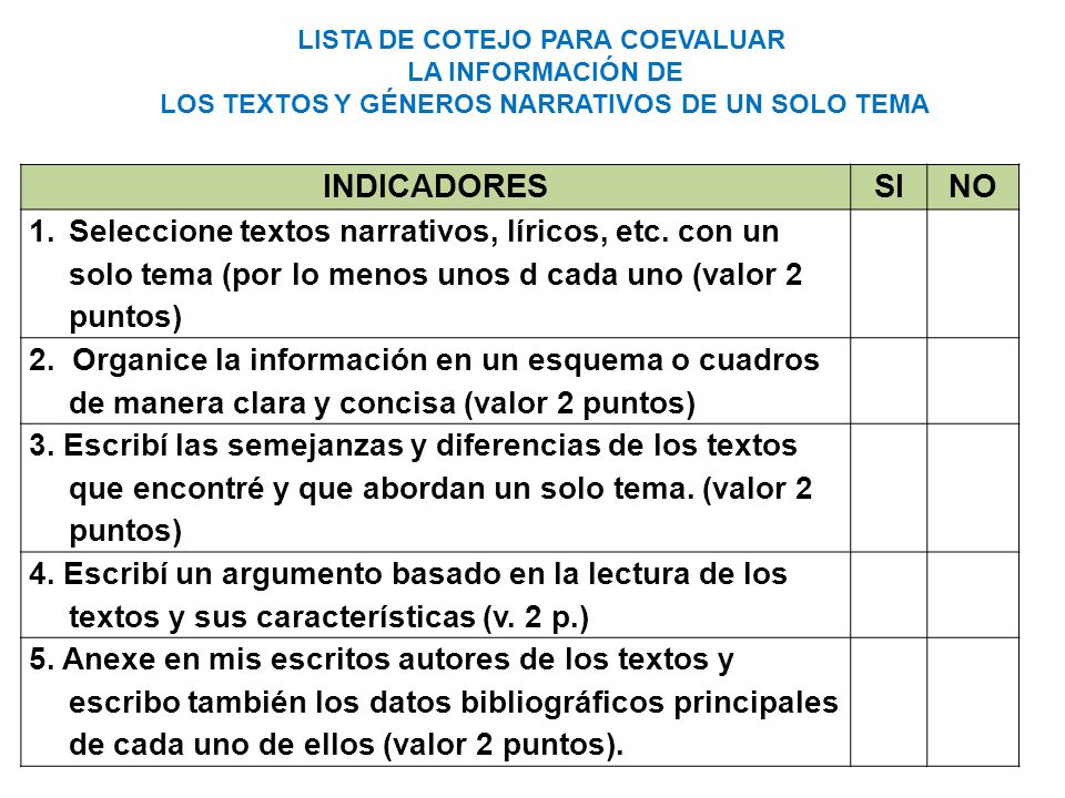 LISTA DE COTEJO PARA COEVALUAR