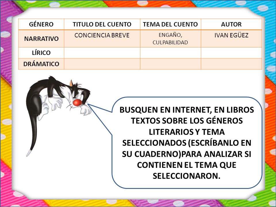 BBBB GÉNERO. TITULO DEL CUENTO. TEMA DEL CUENTO. AUTOR. NARRATIVO. CONCIENCIA BREVE. ENGAÑO, CULPABILIDAD.