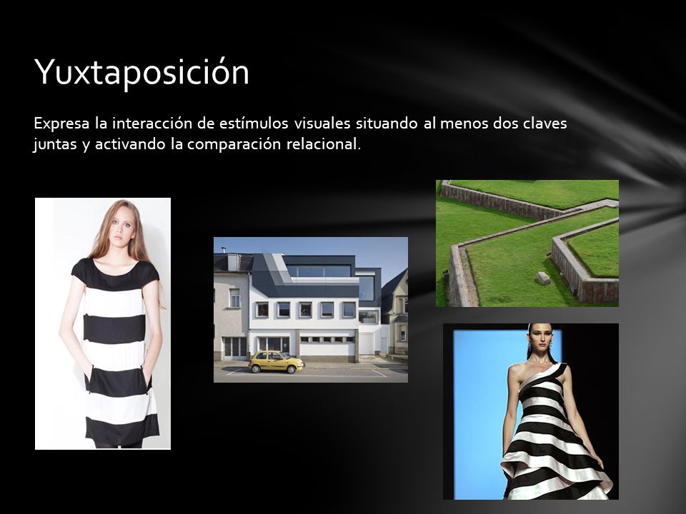 Yuxtaposición Expresa la interacción de estímulos visuales situando al menos dos claves juntas y activando la comparación relacional.