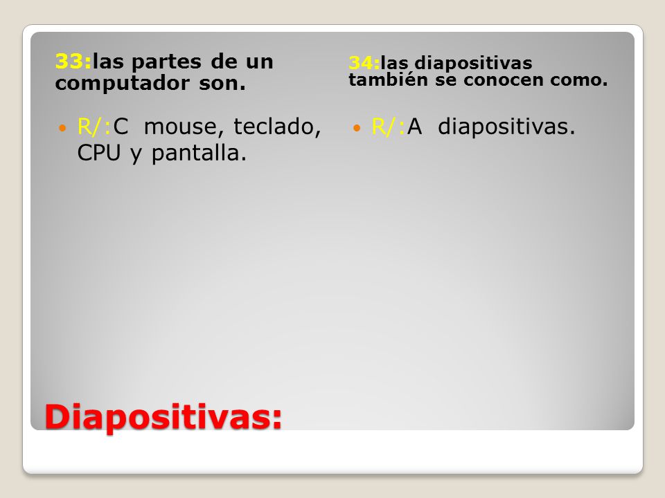 Diapositivas: R/:C mouse, teclado, CPU y pantalla. R/:A diapositivas.