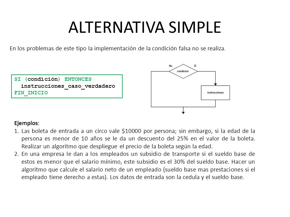 ALTERNATIVA SIMPLE En los problemas de este tipo la implementación de la condición falsa no se realiza.