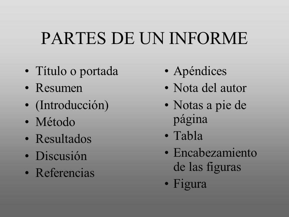 PARTES DE UN INFORME Título o portada Resumen (Introducción) Método