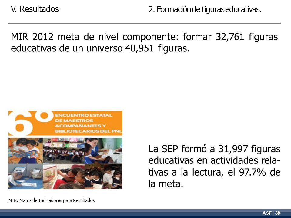 V. Resultados 2. Formación de figuras educativas. MIR 2012 meta de nivel componente: formar 32,761 figuras educativas de un universo 40,951 figuras.