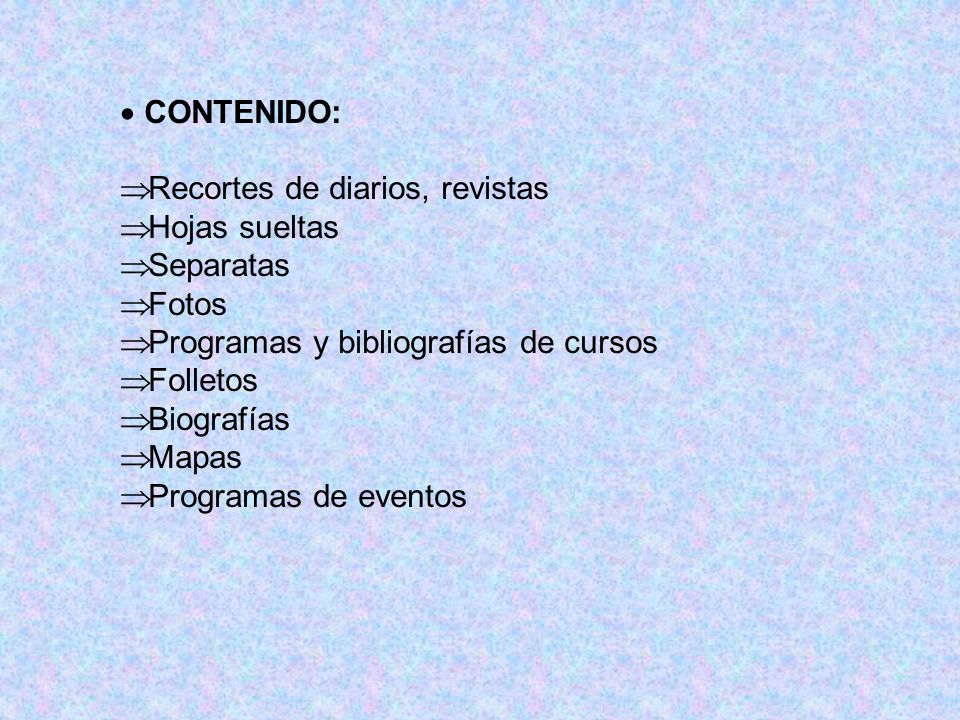 CONTENIDO: Recortes de diarios, revistas. Hojas sueltas. Separatas. Fotos. Programas y bibliografías de cursos.