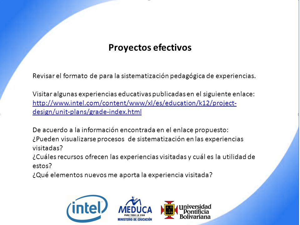 Proyectos efectivos Revisar el formato de para la sistematización pedagógica de experiencias.