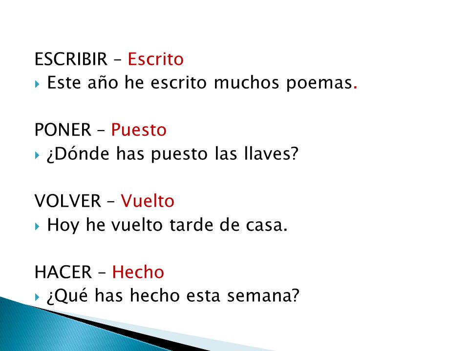 ESCRIBIR – Escrito Este año he escrito muchos poemas. PONER – Puesto. ¿Dónde has puesto las llaves