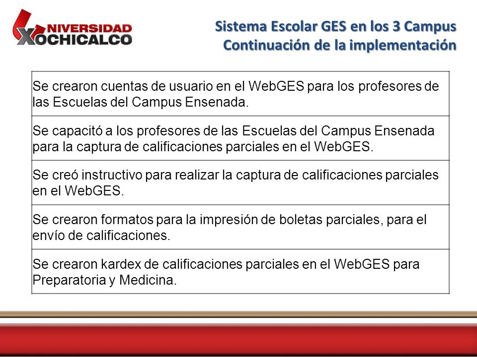 Sistema Escolar GES en los 3 Campus Continuación de la implementación