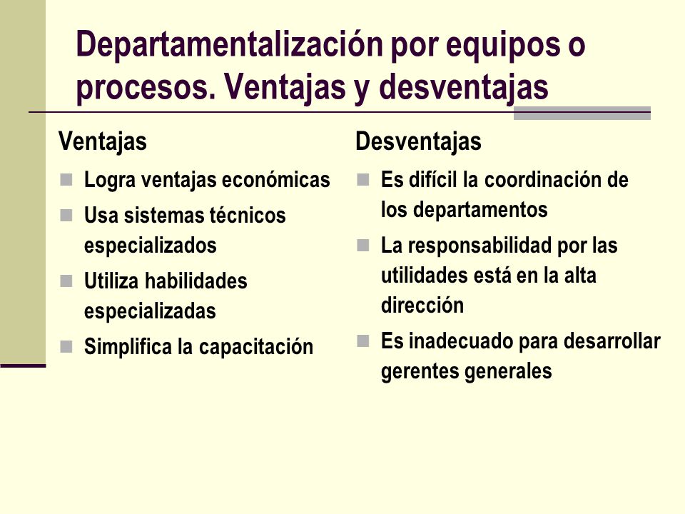 Departamentalización por equipos o procesos. Ventajas y desventajas