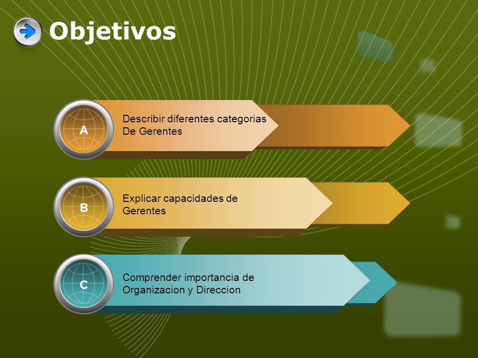 Objetivos A B C Describir diferentes categorias De Gerentes