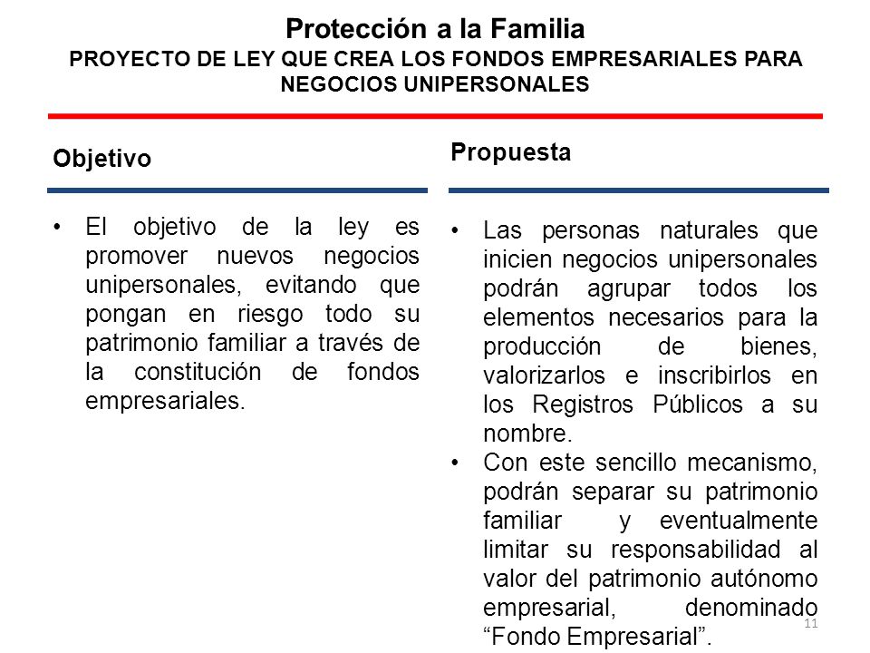 Protección a la Familia PROYECTO DE LEY QUE CREA LOS FONDOS EMPRESARIALES PARA NEGOCIOS UNIPERSONALES