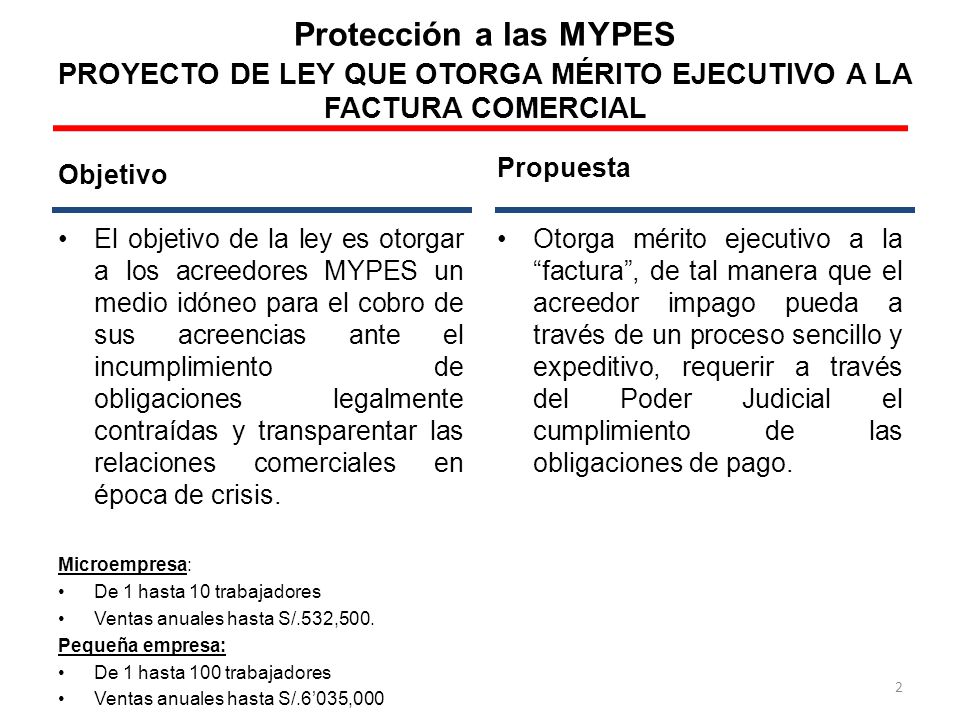 Protección a las MYPES PROYECTO DE LEY QUE OTORGA MÉRITO EJECUTIVO A LA FACTURA COMERCIAL