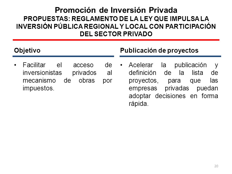 Promoción de Inversión Privada PROPUESTAS: REGLAMENTO DE LA LEY QUE IMPULSA LA INVERSIÓN PÚBLICA REGIONAL Y LOCAL CON PARTICIPACIÓN DEL SECTOR PRIVADO