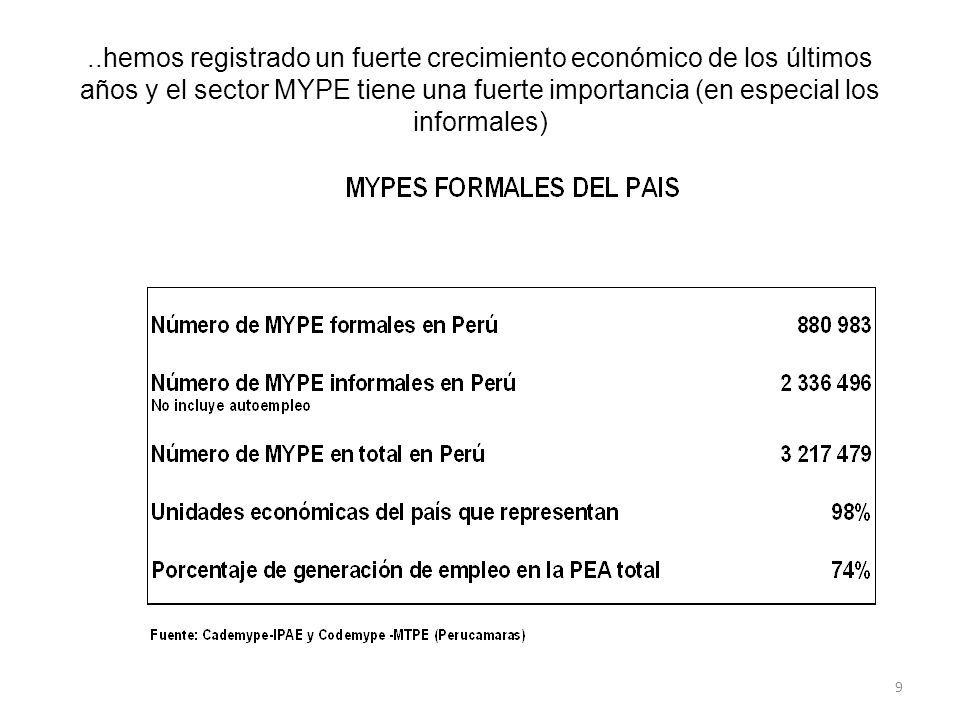 ..hemos registrado un fuerte crecimiento económico de los últimos años y el sector MYPE tiene una fuerte importancia (en especial los informales)