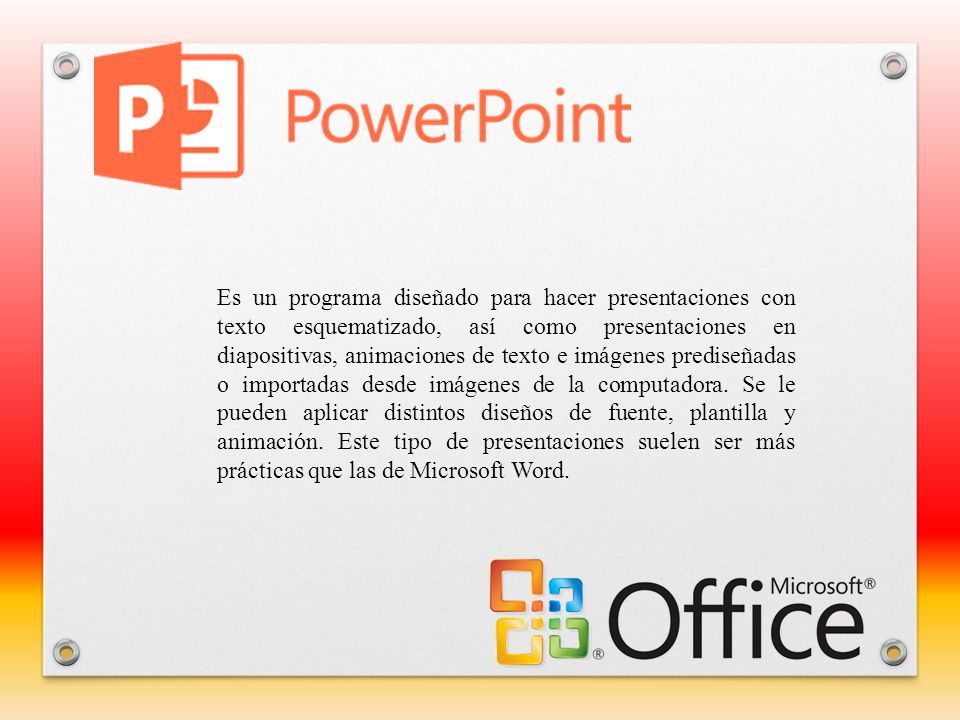 Es un programa diseñado para hacer presentaciones con texto esquematizado, así como presentaciones en diapositivas, animaciones de texto e imágenes prediseñadas o importadas desde imágenes de la computadora.