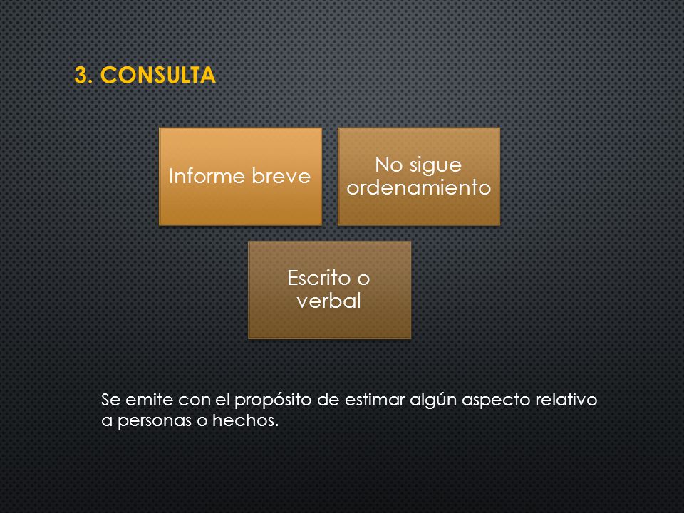 3. CONSULTA No sigue ordenamiento Informe breve Escrito o verbal