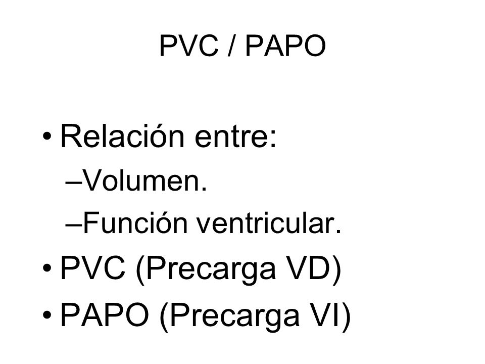 Relación entre: PVC (Precarga VD) PAPO (Precarga VI) PVC / PAPO