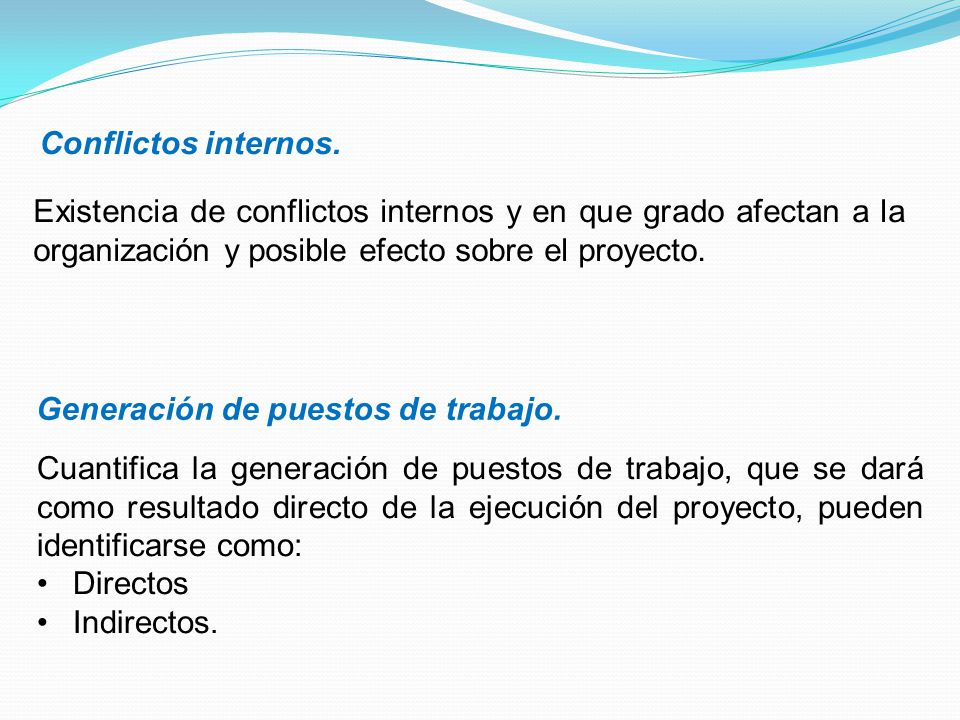 Conflictos internos. Existencia de conflictos internos y en que grado afectan a la organización y posible efecto sobre el proyecto.