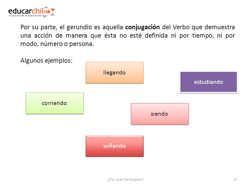 Por su parte, el gerundio es aquella conjugación del Verbo que demuestra una acción de manera que ésta no esté definida ni por tiempo, ni por modo, número o persona.