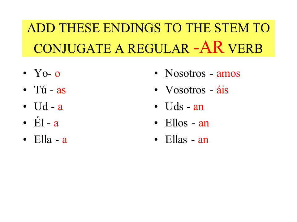 ADD THESE ENDINGS TO THE STEM TO CONJUGATE A REGULAR -AR VERB
