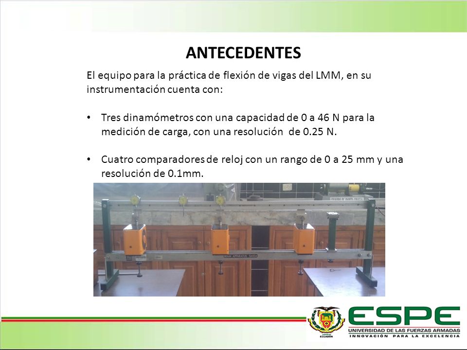 ANTECEDENTES El equipo para la práctica de flexión de vigas del LMM, en su instrumentación cuenta con: