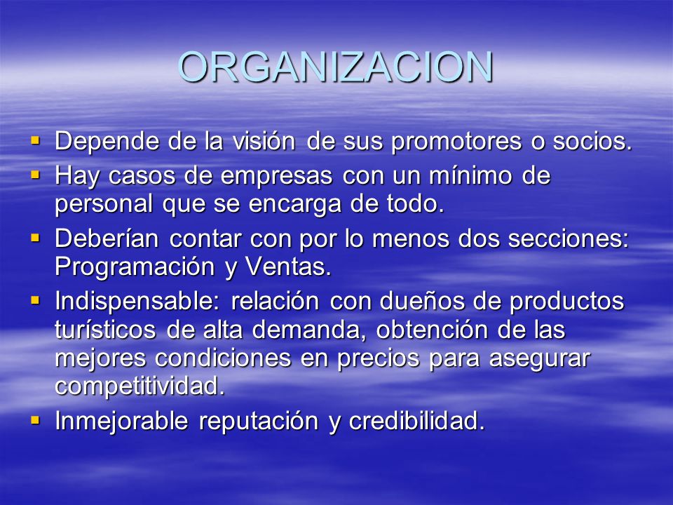 ORGANIZACION Depende de la visión de sus promotores o socios.