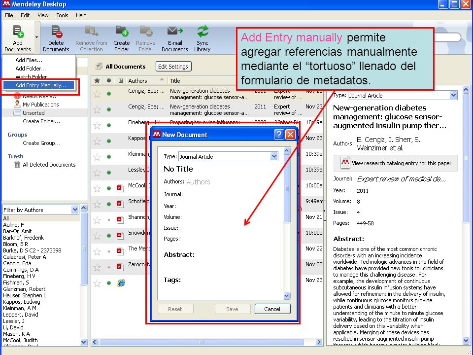 Add Entry manually permite agregar referencias manualmente mediante el tortuoso llenado del formulario de metadatos.