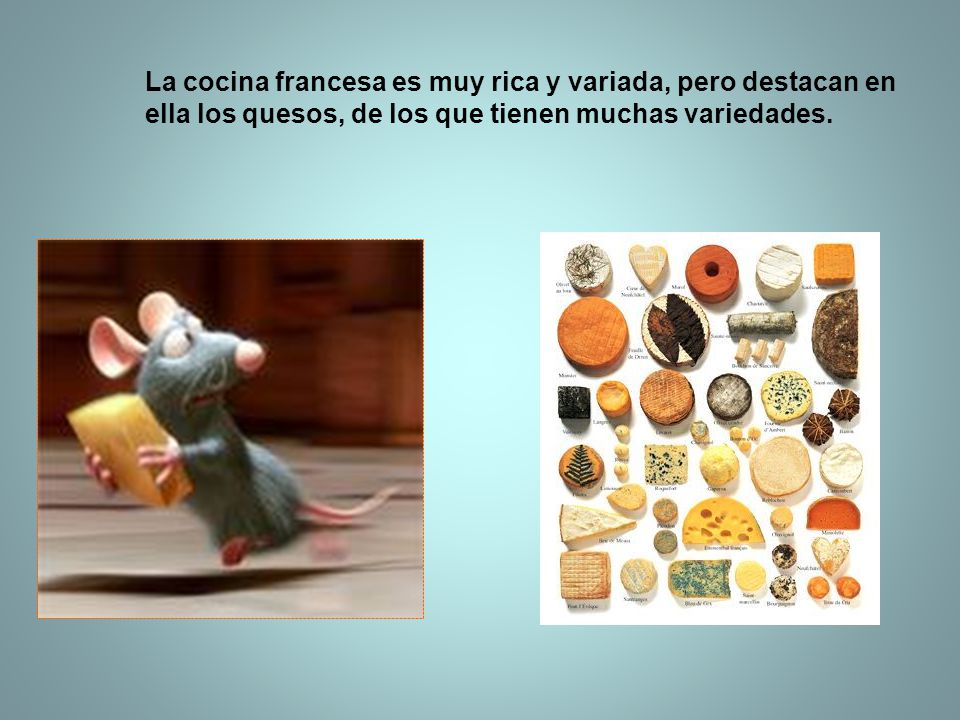 La cocina francesa es muy rica y variada, pero destacan en ella los quesos, de los que tienen muchas variedades.