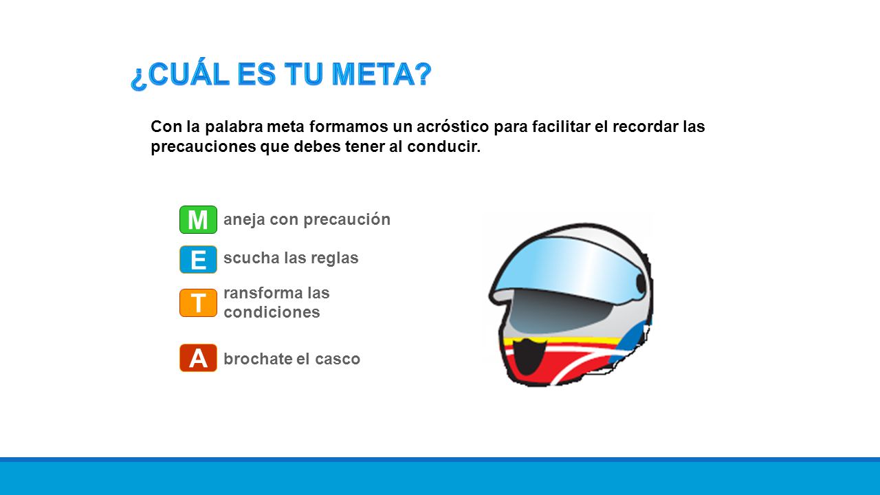 ¿CUÁL ES TU META Con la palabra meta formamos un acróstico para facilitar el recordar las precauciones que debes tener al conducir.