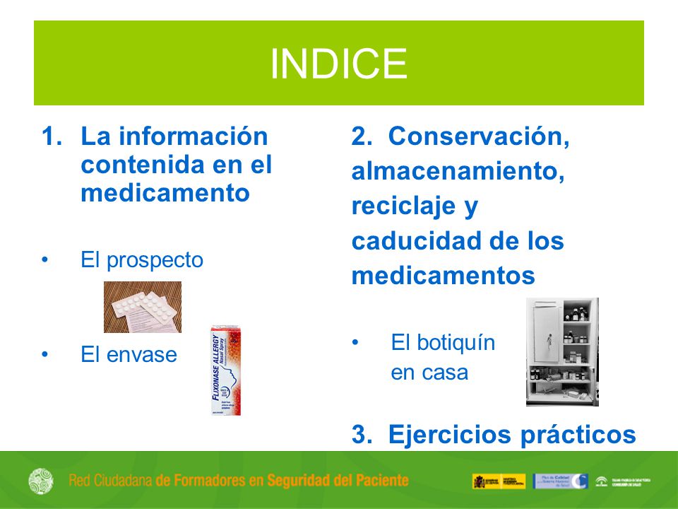 INDICE La información contenida en el medicamento 2. Conservación,
