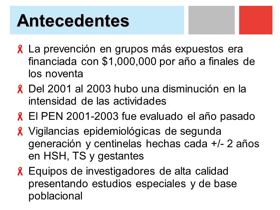 Antecedentes La prevención en grupos más expuestos era financiada con $1,000,000 por año a finales de los noventa.
