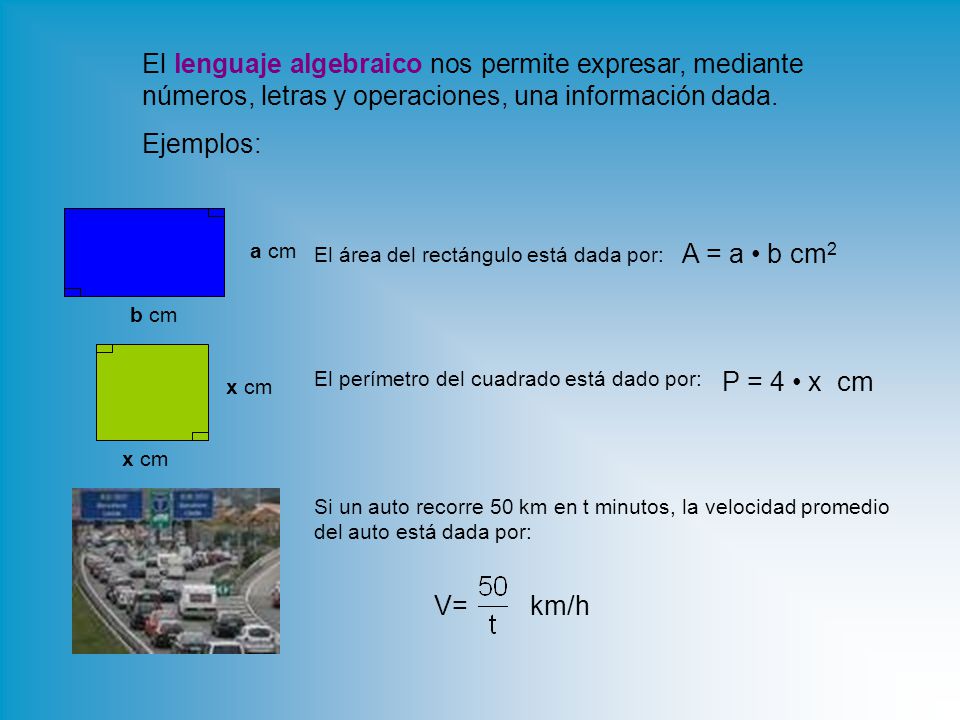 El lenguaje algebraico nos permite expresar, mediante números, letras y operaciones, una información dada.