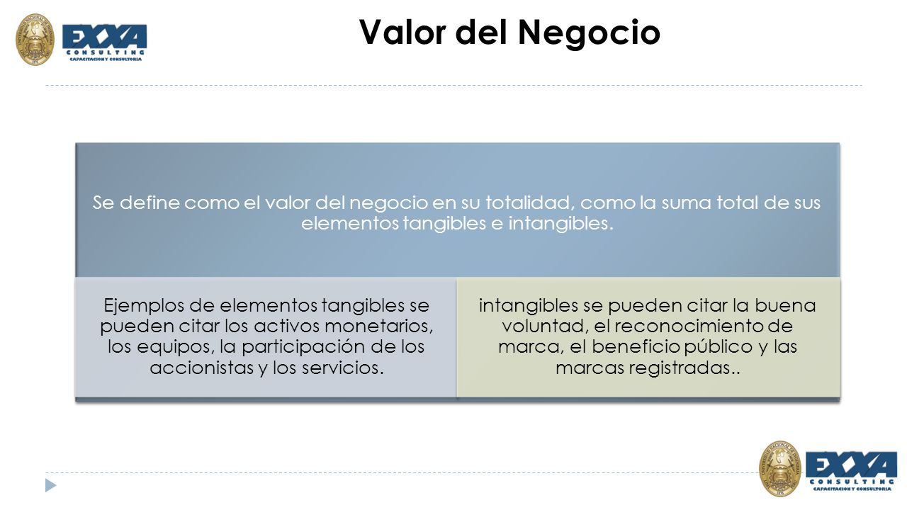 Valor del Negocio Se define como el valor del negocio en su totalidad, como la suma total de sus elementos tangibles e intangibles.