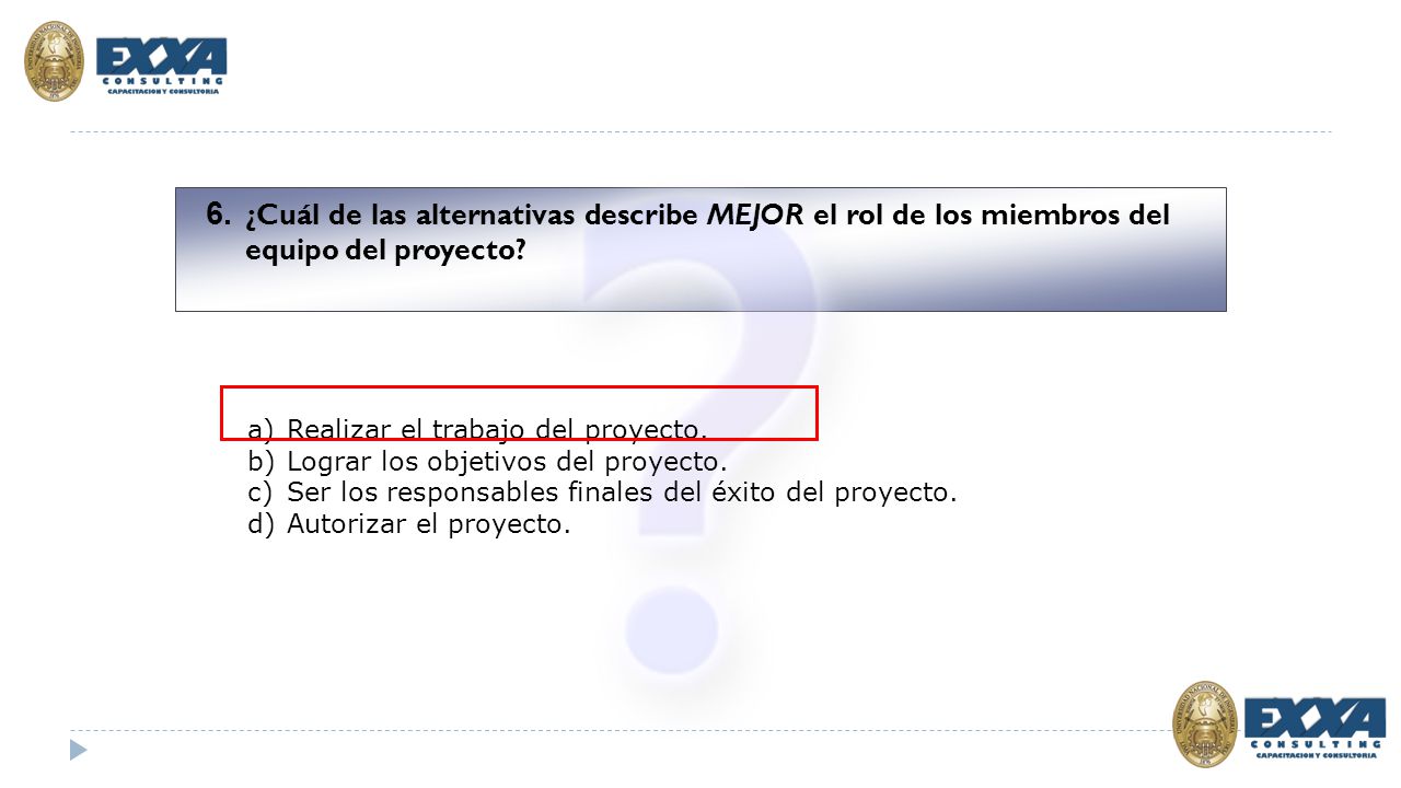 6. ¿Cuál de las alternativas describe MEJOR el rol de los miembros del equipo del proyecto
